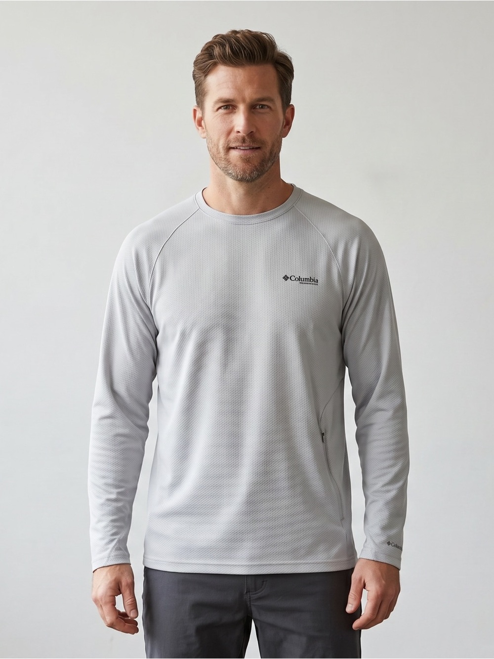 Columbia PFG Light Gray LS Performance Shirt w Side Zipper Pocket Omni Shade